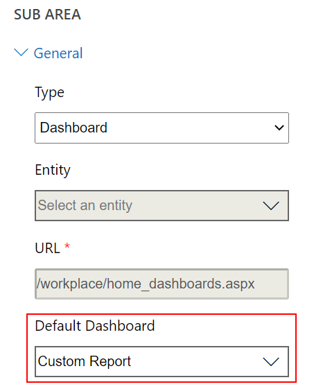 Panel de control predeterminado de la propiedad de la subárea del diseñador del mapa del sitio.