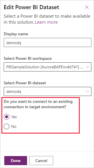 Captura de pantalla que muestra cómo conectar automáticamente un componente de Power BI a una conexión existente en entornos de implementación.