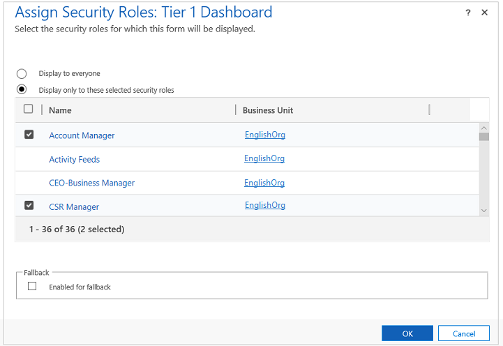 Seleccione mostrar solo estos roles de seguridad determinados.