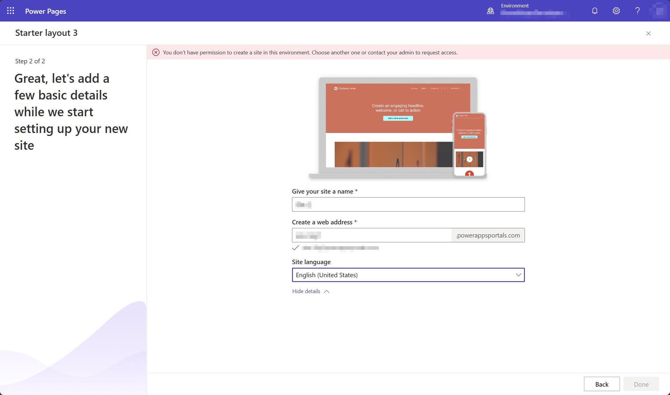 Una captura de pantalla del estudio de diseño Power Pages que muestra un mensaje que indica que el usuario no tiene permisos para crear un sitio en el entorno que ha seleccionado.