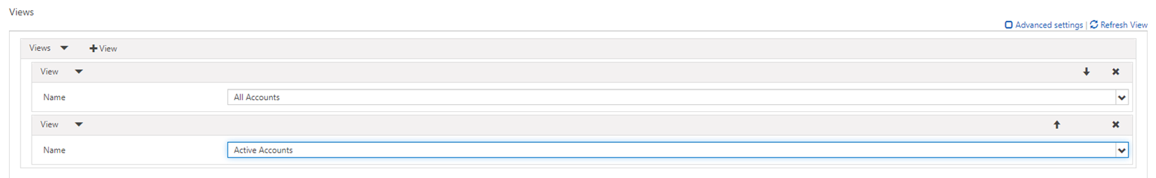 Agregue vistas en la cuadrícula de configuración avanzada.