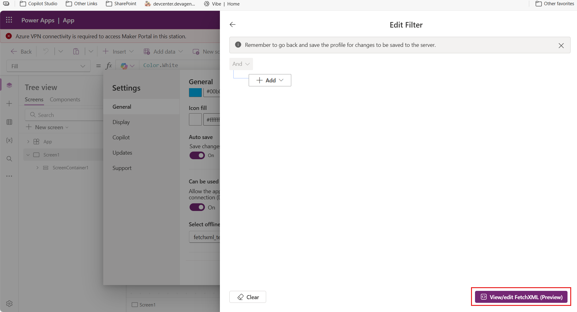 Captura de pantalla del editor de código FetchXML en el editor de filtros de perfil sin conexión.