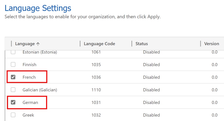 Configuración de idioma PPAC.