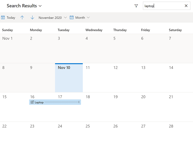 Use un término de búsqueda para filtrar las filas del calendario.