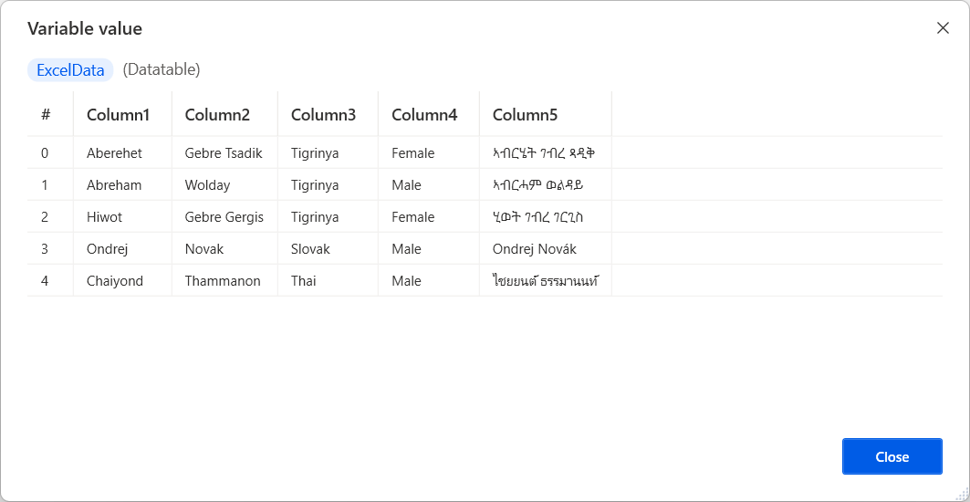 Captura de pantalla de una tabla de datos que se muestra en el visor de valores.