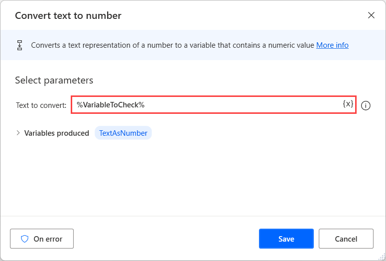 Captura de pantalla de la acción Convertir texto en número configurada.
