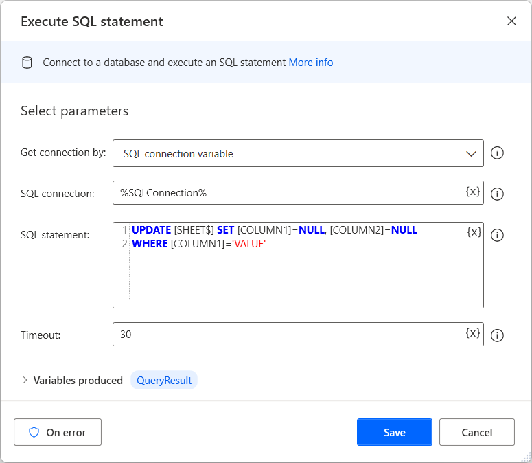 Captura de la pantalla de instrucciones Ejecutar SQL rellenadas con una consulta UPDATE.
