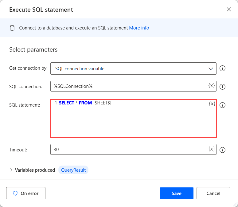 Captura de pantalla de instrucciones Ejecutar SQL rellenadas con una consulta SELECT.