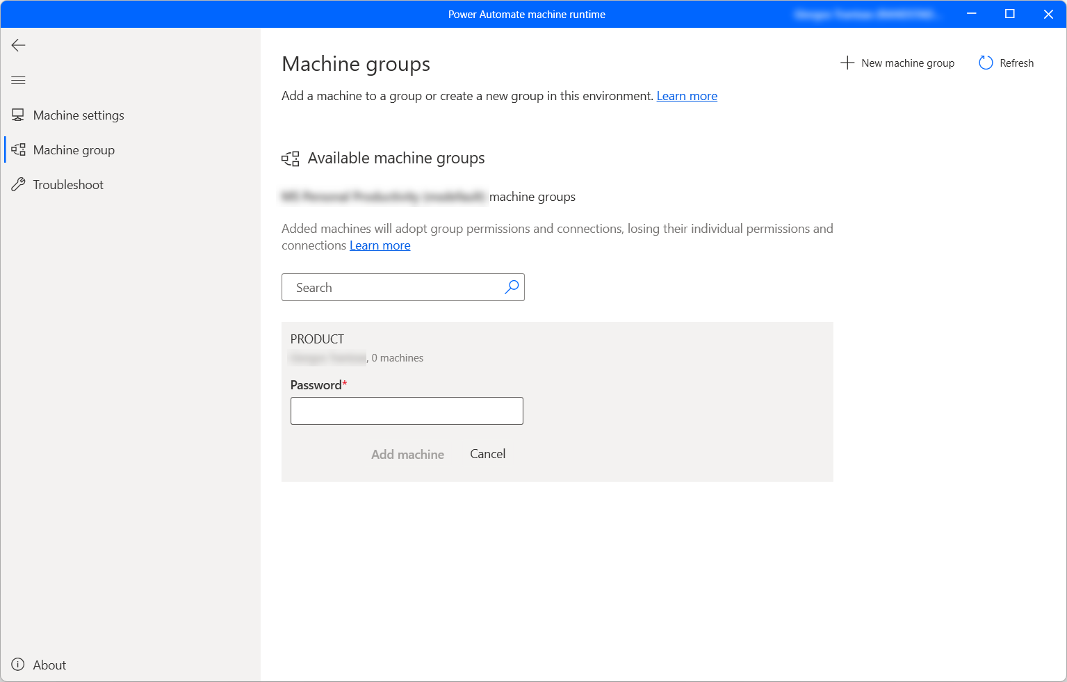 Captura de pantalla del cuadro de diálogo para agregar una máquina a un grupo de máquinas.