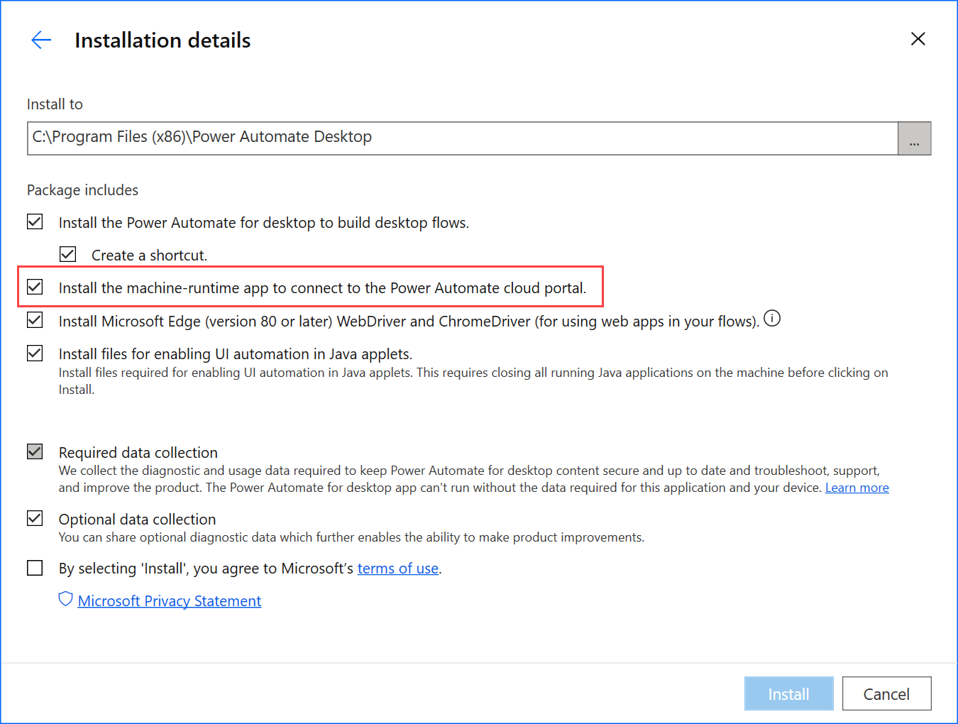 Captura de pantalla de la opción para instalar la aplicación en tiempo de ejecución de máquina.