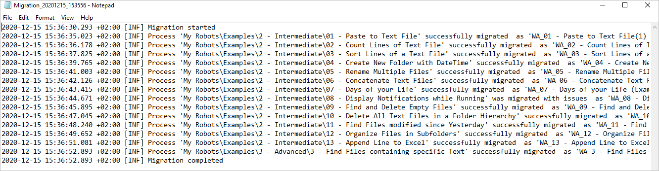 Captura de pantalla del archivo de registro generado automáticamente.