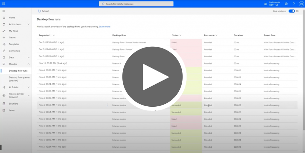 Deslice desde el video Implementar y administrar, que muestra una captura de pantalla de la pantalla de ejecuciones de flujo de escritorio