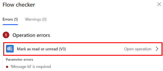 Captura de pantalla de la selección de un error en el panel del Comprobador de flujo en el nuevo diseñador.