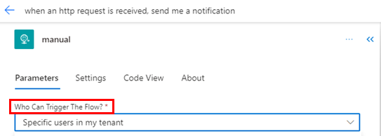 Captura de pantalla de quién puede desencadenar el flujo de nube en el diseñador con Copilot.