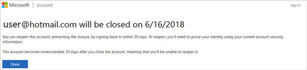 Captura de pantalla de la página de notificación de cierre de la cuenta Microsoft.