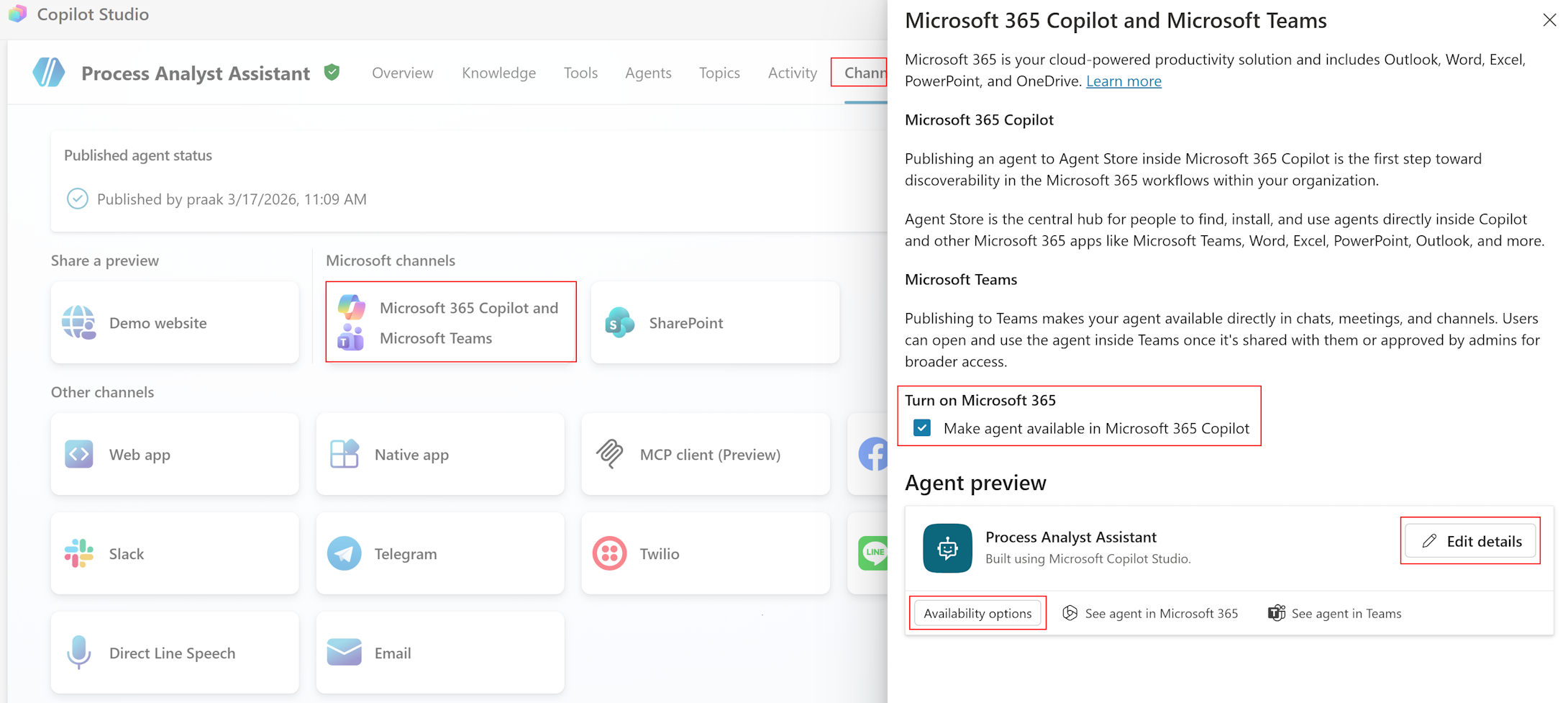 Captura de pantalla de la configuración de canales de Microsoft 365 y Teams.