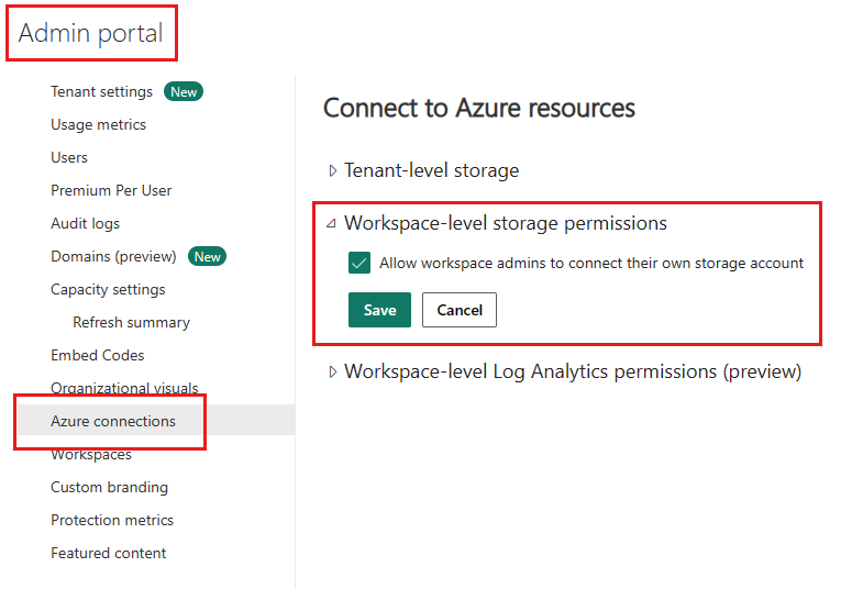 Screenshot of the Azure connections settings page showing the Allow workspace admins to connect their own Log Analytics workspace checkbox.