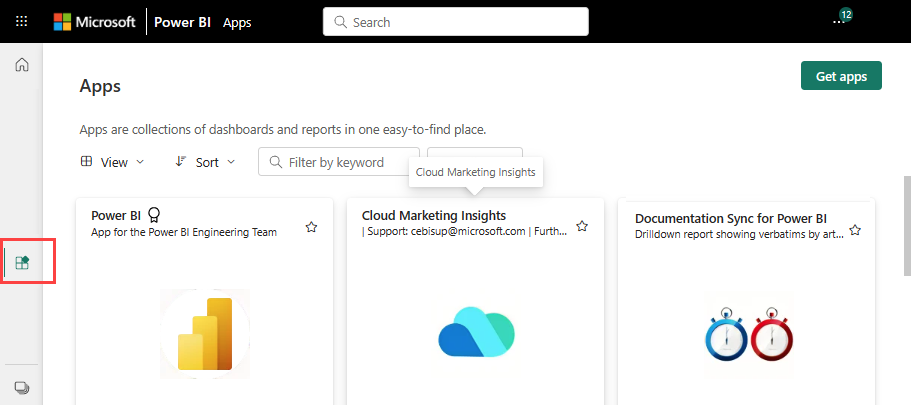 Captura de pantalla del icono Aplicaciones resaltado en el panel de navegación y las aplicaciones enumeradas en el panel principal.