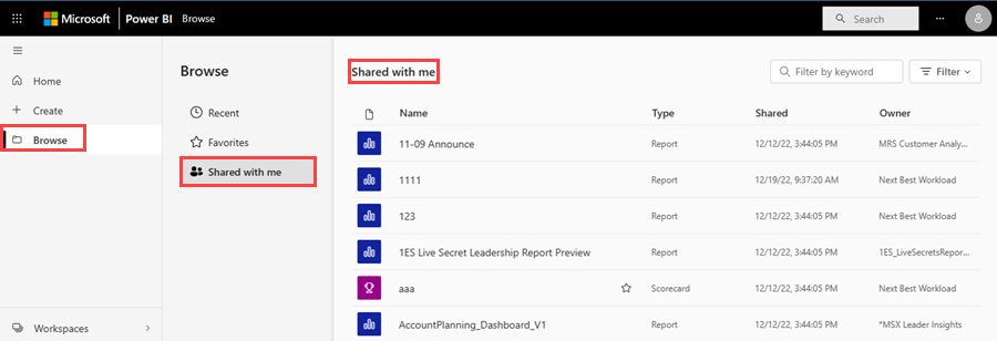 Captura de pantalla del panel de navegación, el menú Examinar y la ventana Compartido conmigo.