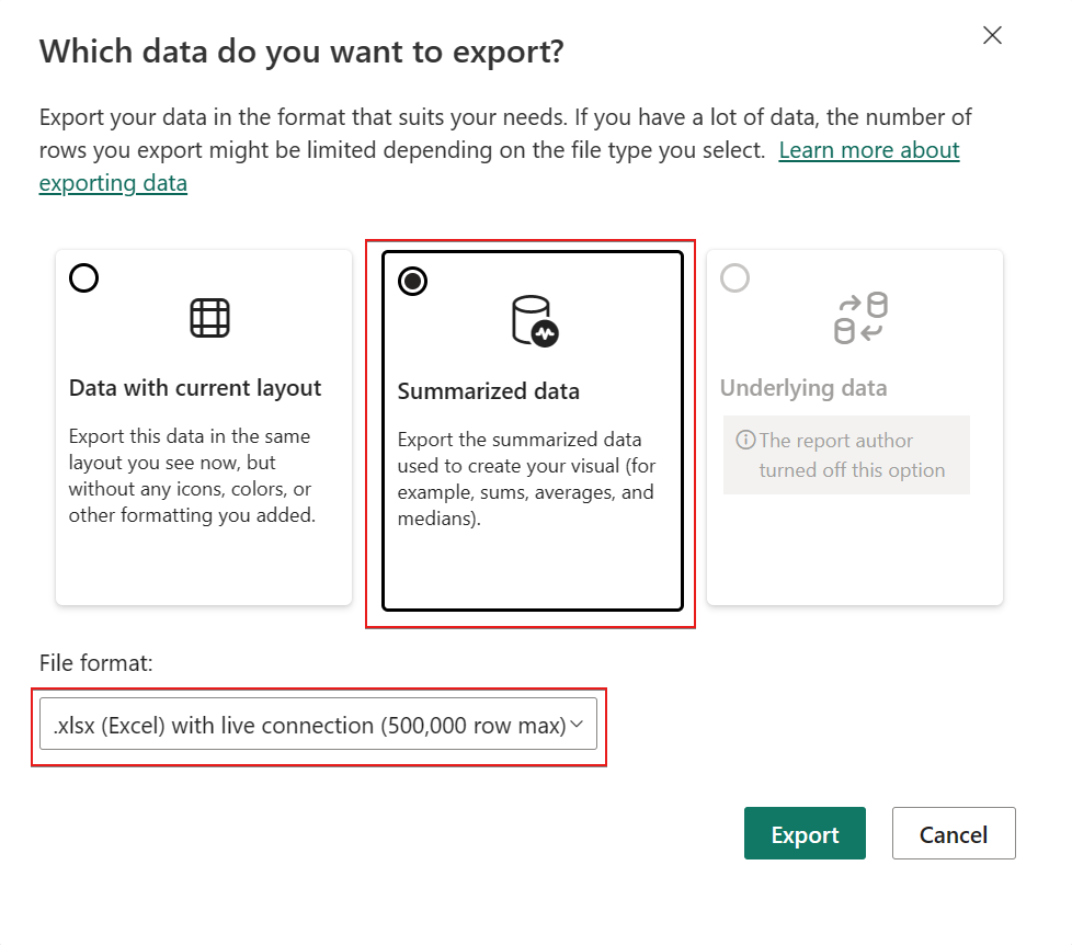 Captura de pantalla que muestra el cuadro de diálogo ¿Qué datos quiere exportar?