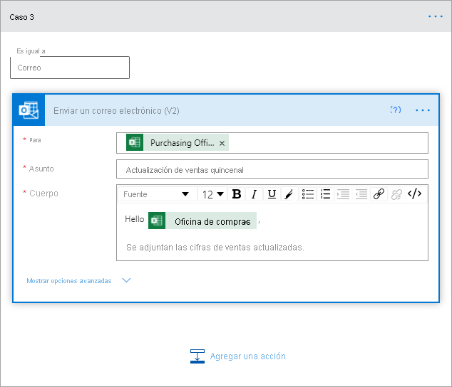 Screenshot that shows the case where you're sending your paginated report as an email via Outlook.