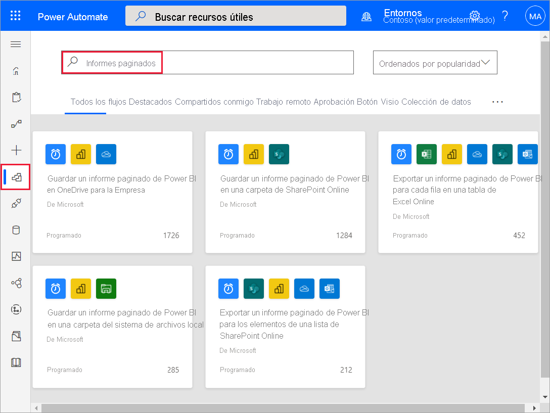 Screenshot of Power Automate templates for Power BI paginated reports.