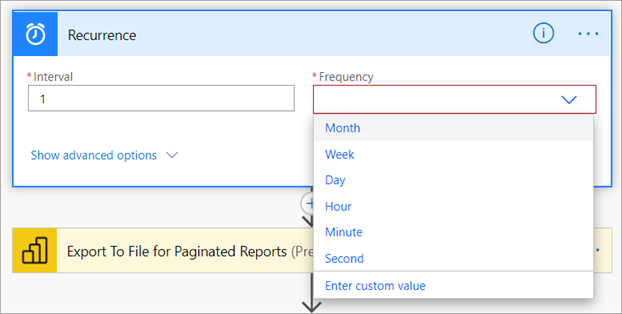 Captura de pantalla que muestra la configuración de frecuencia de periodicidad del flujo.