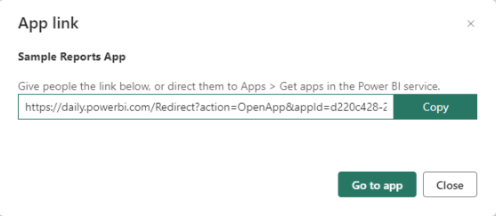 Captura de pantalla que muestra el vínculo Copiar la aplicación y Cerrar.