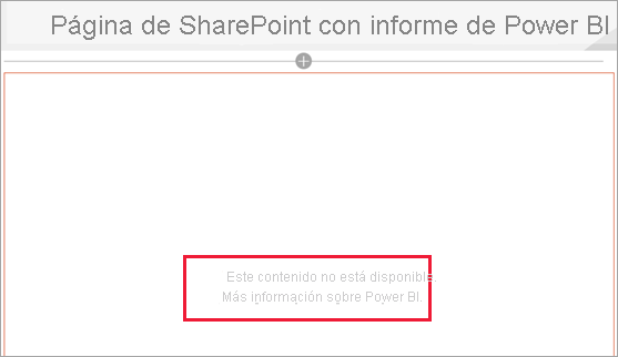 Captura de pantalla de la página de SharePoint con el informe de Power Bi en el que se muestra el mensaje de contenido no disponible.