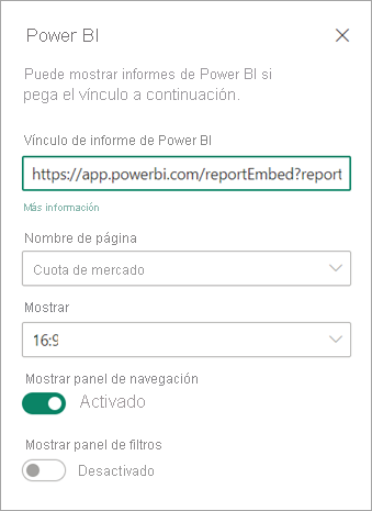 Captura de pantalla del cuadro de diálogo de nuevas propiedades del elemento web de SharePoint con el vínculo de informe de Power BI resaltado.