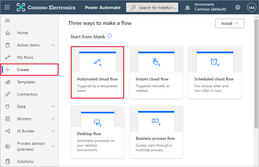 Screenshot of the Power Automate > Create Automated cloud flow screen.