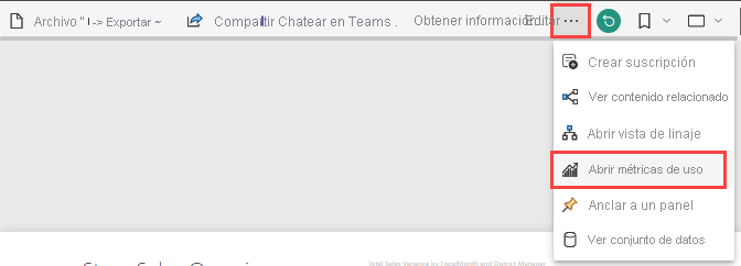 Captura de pantalla de la selección de Más opciones, Abrir métricas de uso.