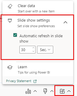 Captura de pantalla que muestra la opción Configuración de presentación con diapositivas en las opciones del complemento de Power BI.