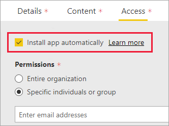 Captura de pantalla del portal de administración de Power&nbsp;BI con la opción Instalar aplicación automáticamente seleccionada.