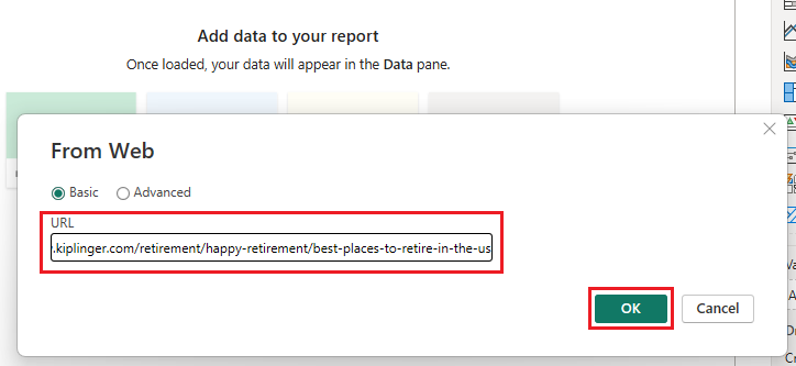 Captura de pantalla que muestra cómo proporcionar la dirección URL del origen de datos.