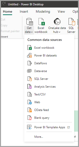Captura de pantalla que muestra el elemento Obtener datos y el menú Orígenes de datos comunes de Power BI Desktop.