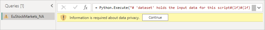 Captura de pantalla del panel Editor de Power Query, en la que se muestra la advertencia sobre la privacidad de los datos.