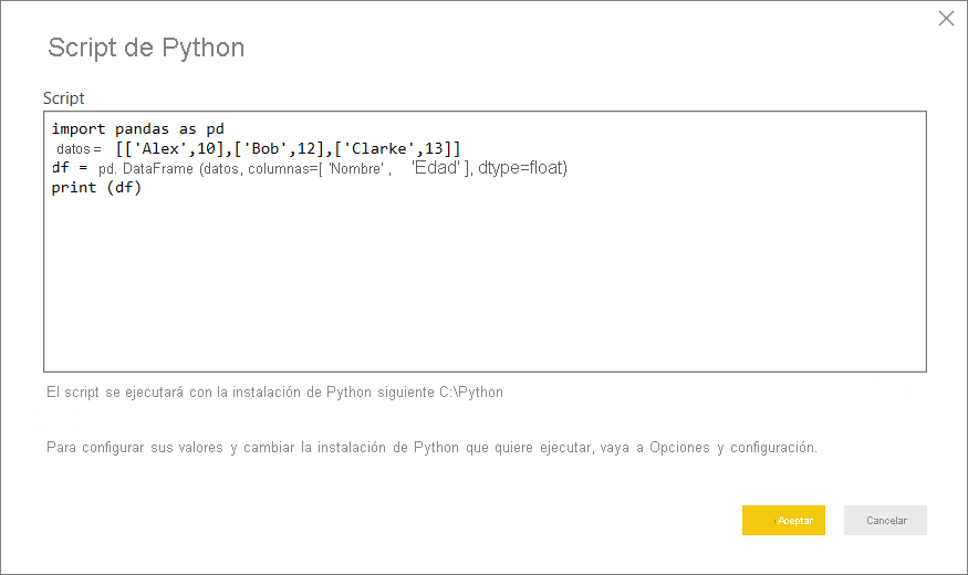Captura de pantalla en la que se muestra cómo pegar el script de Python de ejemplo en el cuadro de diálogo Script de Python.