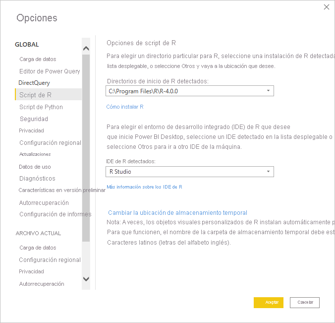 Screenshot of the Options dialog, showing R Studio is entered in the Detected R I D E field.