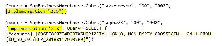 Captura de pantalla que muestra una consulta de texto sin formato con Implementation = 2.0 agregado.