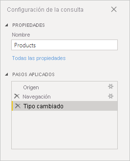 Screenshot that shows the applied steps in the Products query.