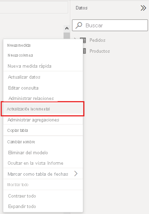 Data view showing Table context menu with Incremental refresh selected.