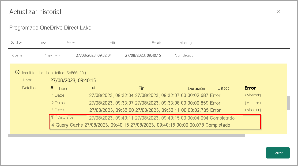 Captura de pantalla del historial de actualización cuando se realiza correctamente.