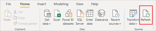 Captura de pantalla de la cinta Inicio de Power&nbsp;BI Desktop, donde se muestra la selección de Actualizar.