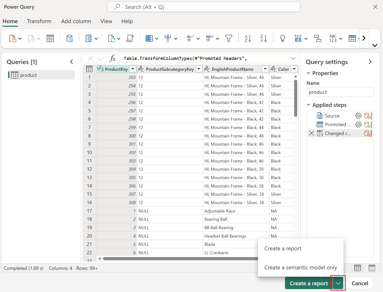 Captura de pantalla de las opciones para crear un informe o un modelo semántico.