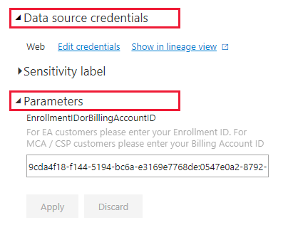 Captura de pantalla de los parámetros de credenciales del origen de datos.