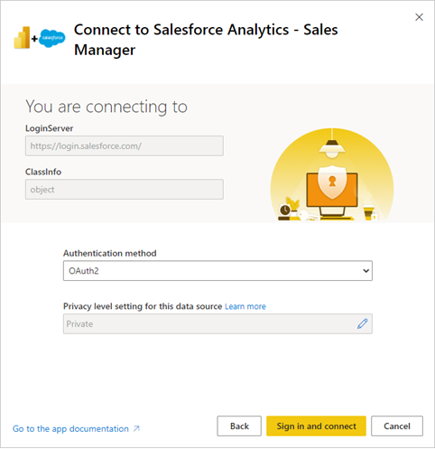 Screenshot of the Salesforce Analytics for Sales Managers authentication dialog.