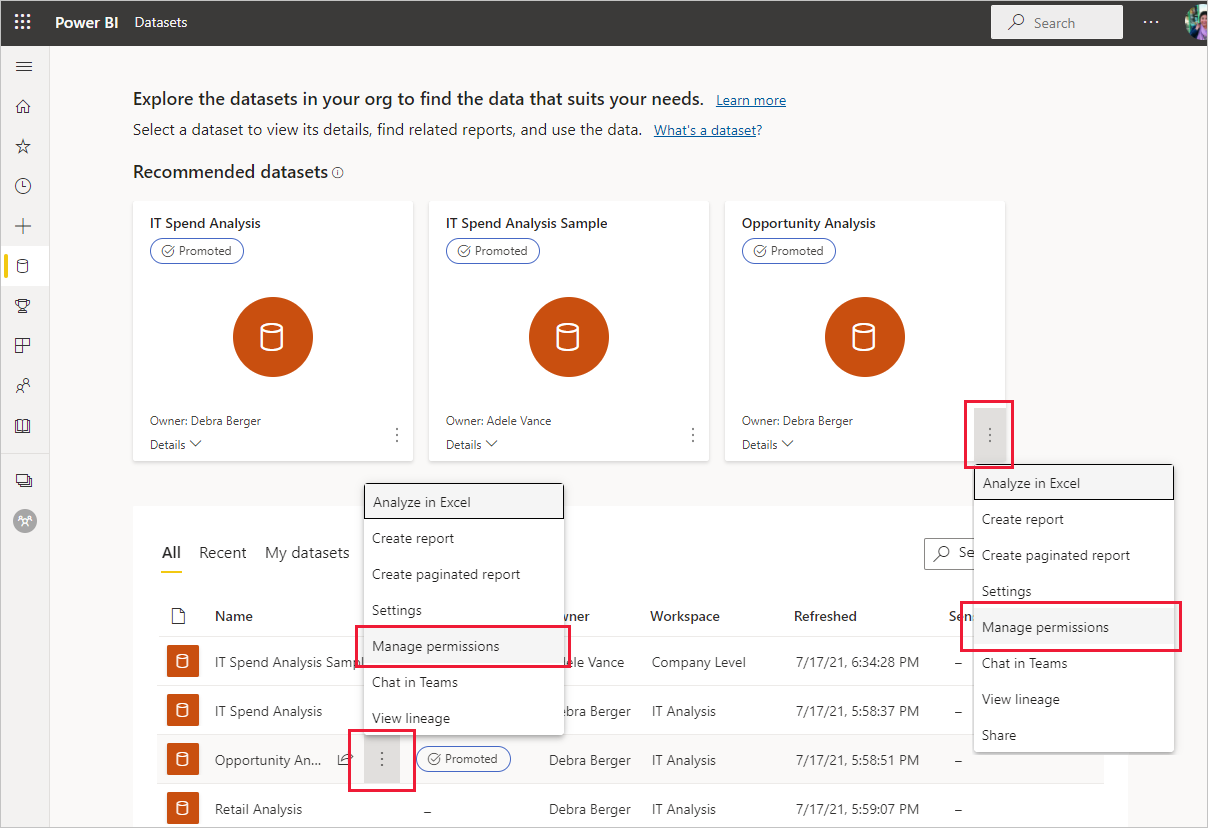 Screenshot of semantic model manage permissions page entry points on the OneLake data hub.