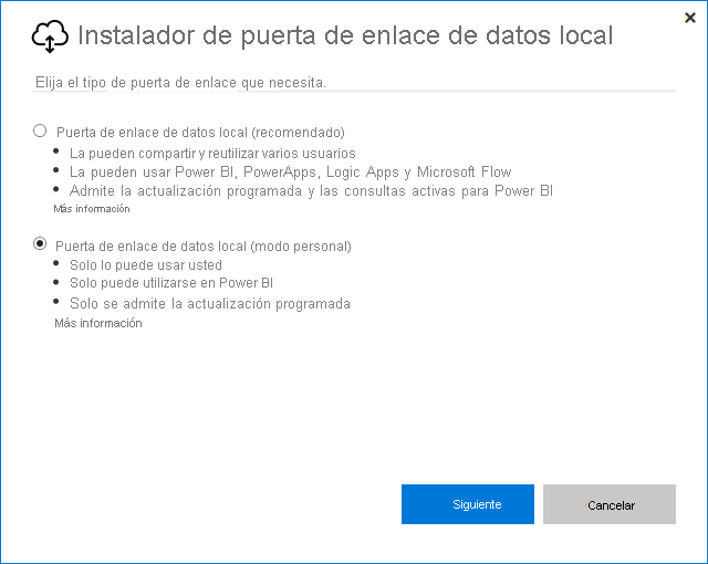 Screenshot that shows selecting the on-premises data gateway (personal mode).