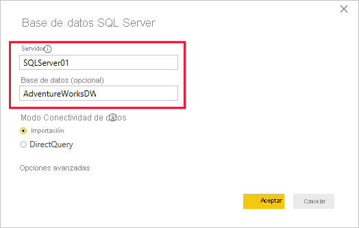 Captura de pantalla del cuadro de diálogo SQL Server base de datos.